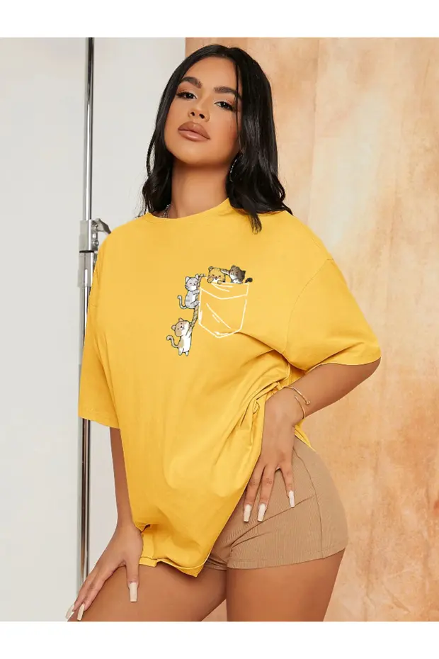 Unisex Kadın/Erkek CAT Renkli Özel Baskılı Oversize Pamuk Bisiklet Yaka Penye T-Shirt Unisex Kadın/Erkek CAT Renkli Özel Baskılı Oversize Pamuk Bisiklet Yaka Penye T-Shirt